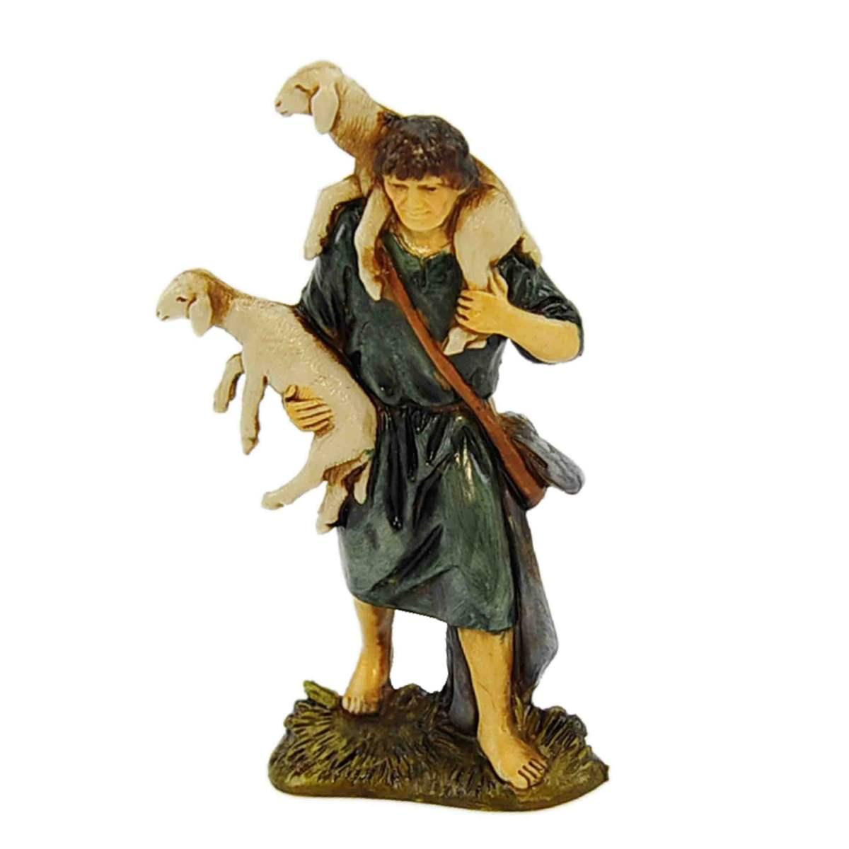 Statua presepe 10 cm buon pastore con due agnelli