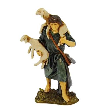 Statua presepe 10 cm buon pastore con due agnelli