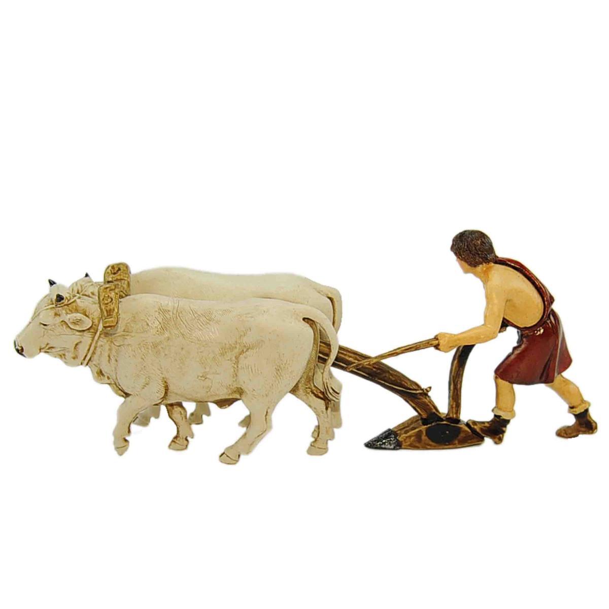 Statua presepe 10 cm contadino con buoi e aratro