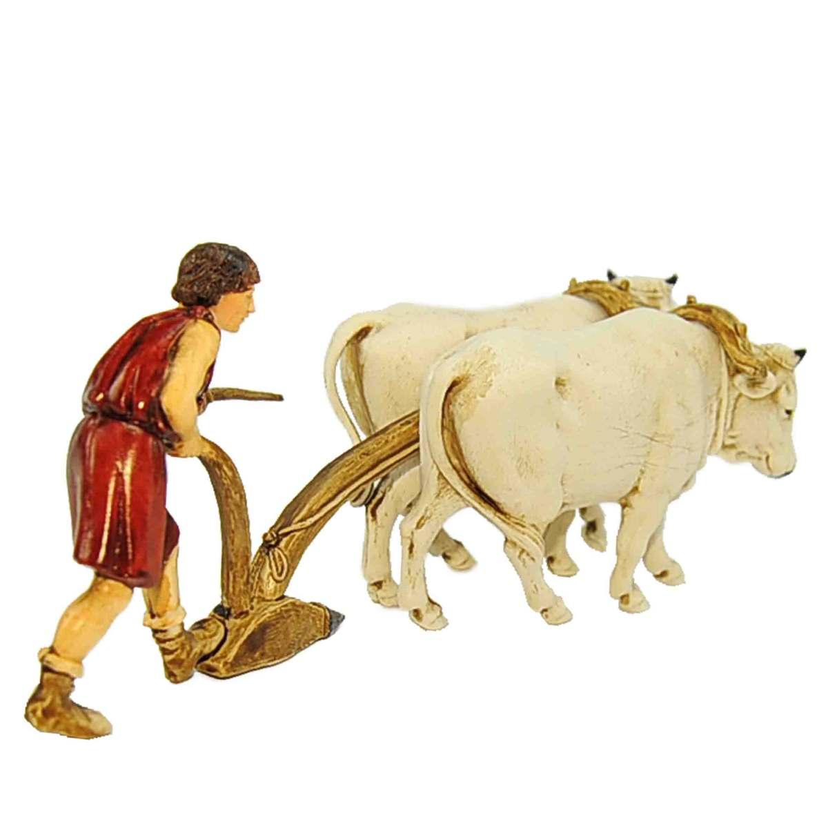 Statua presepe 10 cm contadino con buoi e aratro