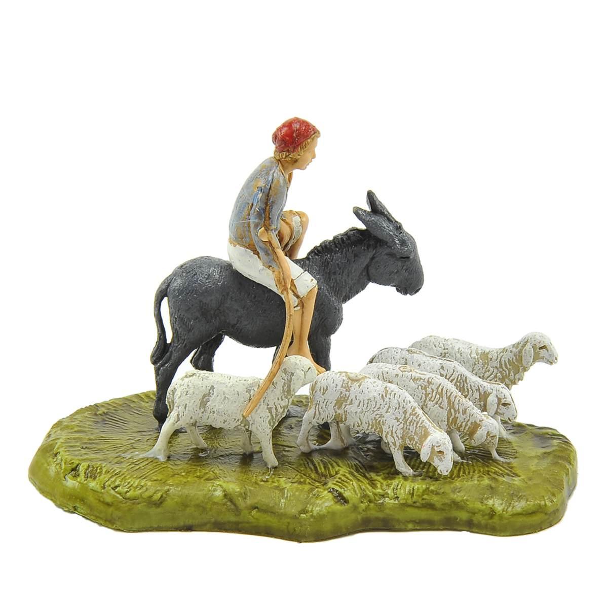 Statua presepe 6 cm pastore con asino e pecore