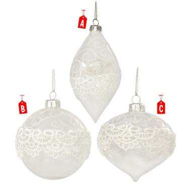 Pallina Natale Vetro Trasparente con Ricamo 3 Modelli Set pz.4 |Moranduzzo