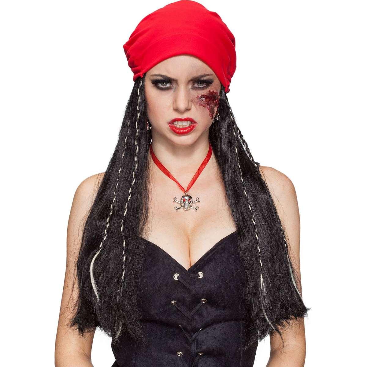 Parrucca Pirata Caraibi Nera Con Bandana Rossa |Orlob