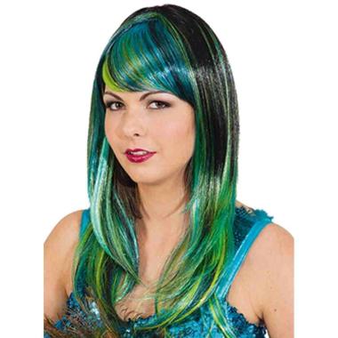 Parrucca Nera Blu Verde Liscia Con Frangia |Carnival Toys
