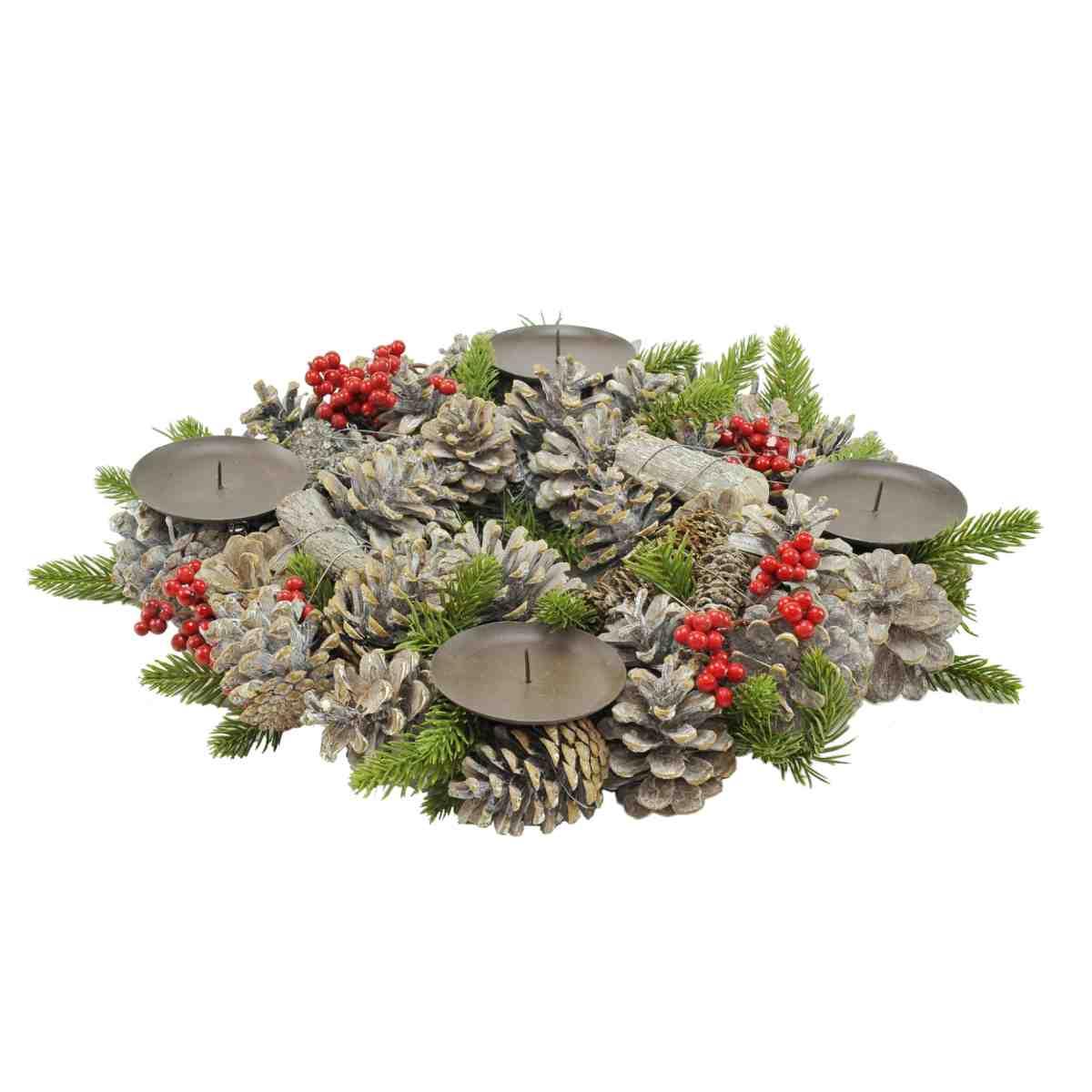 Portacandela 4 Posto Natale con Bacche Pigne cm.Ø37 |Flora