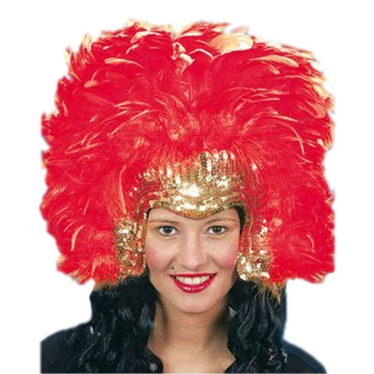 Copricapo Samba Paillettes Oro Con Piume Rosse |Orlob