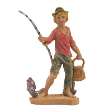 Statua cm.12 Pescatore con Canna da Pesca e Pesce | Rossi Rosa