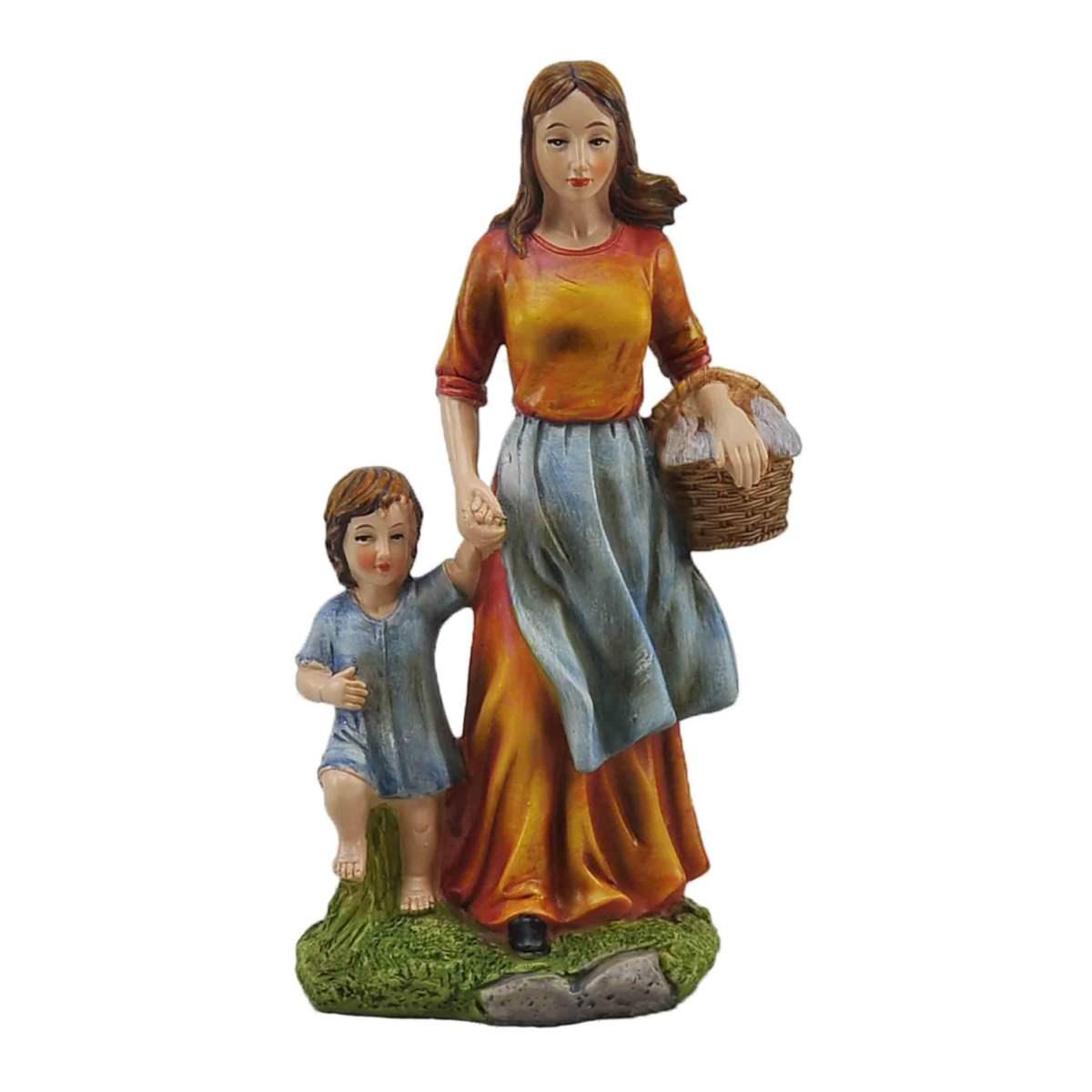 Statua cm.30 Donna con Bambino e Cesta | Rossi Rosa