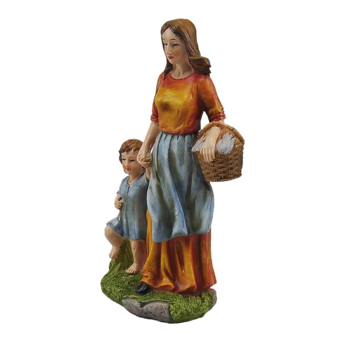 Statua cm.30 Donna con Bambino e Cesta | Rossi Rosa
