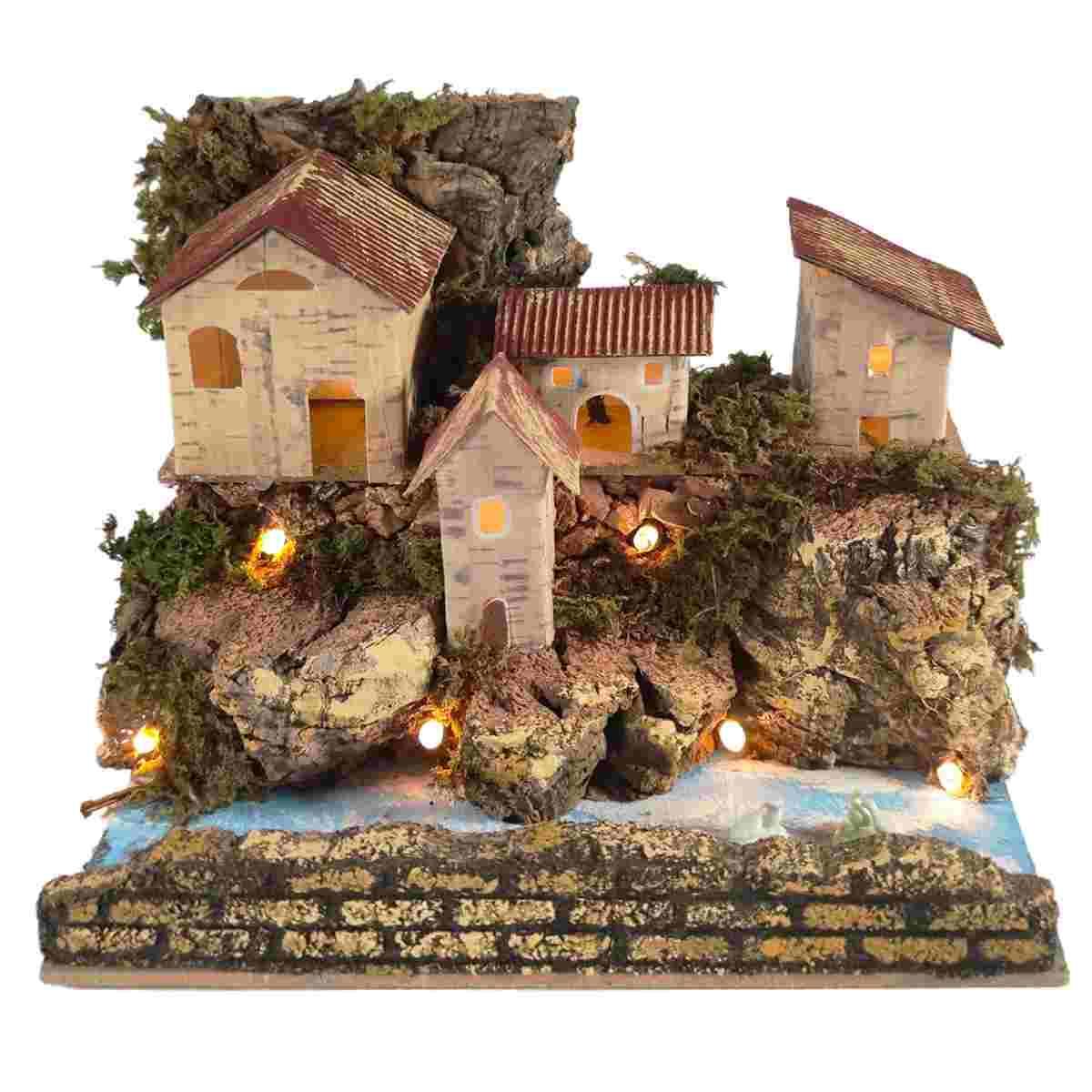 Borgo Casette con Luce su Fiume cm.20x14x17 | Rossi Rosa