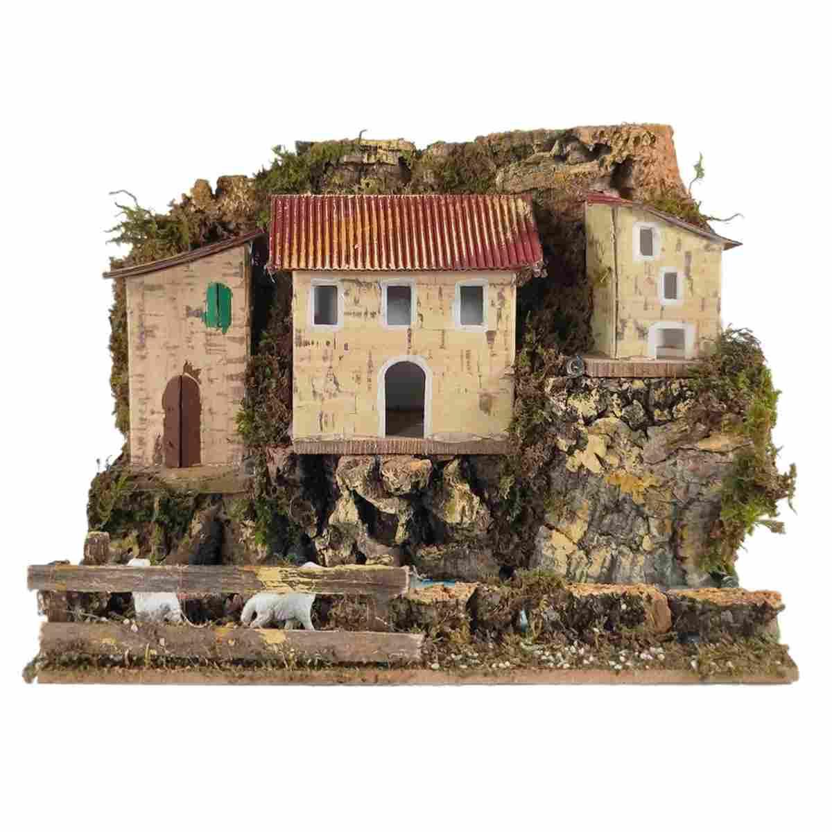 Borgo Casette con Luce su Fiume cm.20x14x17 | Rossi Rosa