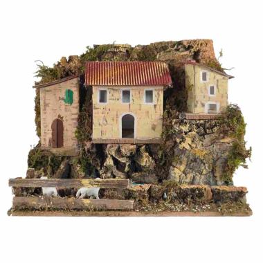Borgo Casette con Luce su Fiume cm.20x14x17 | Rossi Rosa