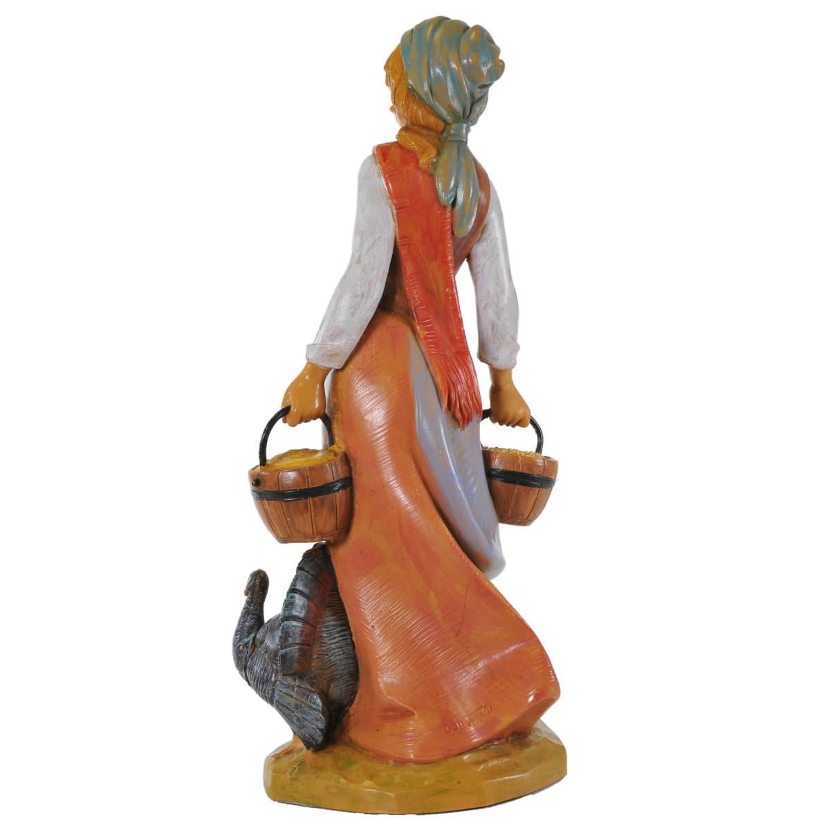 Statua presepe 30 cm pastorella con secchi e tacchino