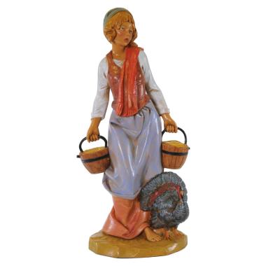 Statua presepe 30 cm pastorella con secchi e tacchino