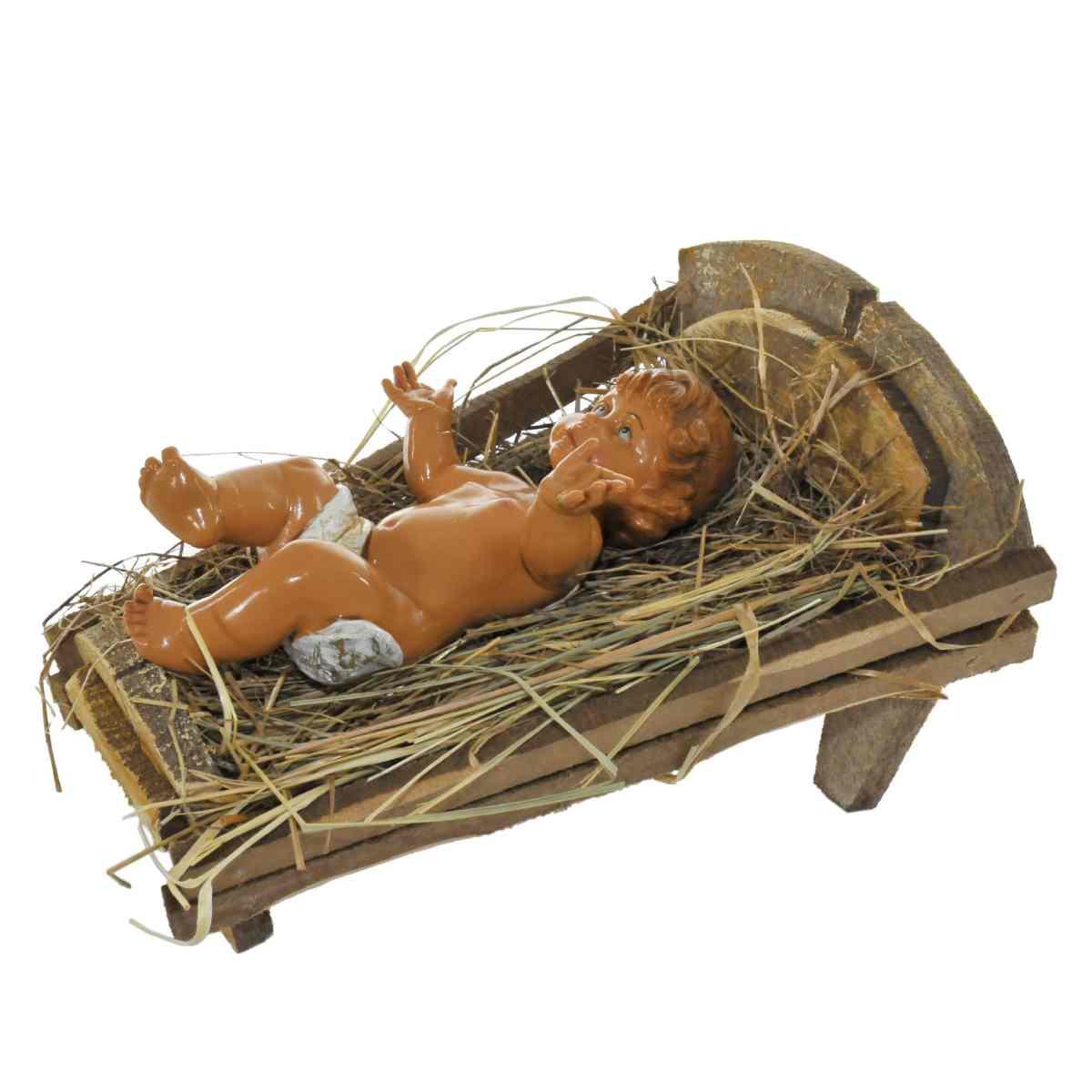 Statua presepe 45 cm gesù bambino con culla in legno