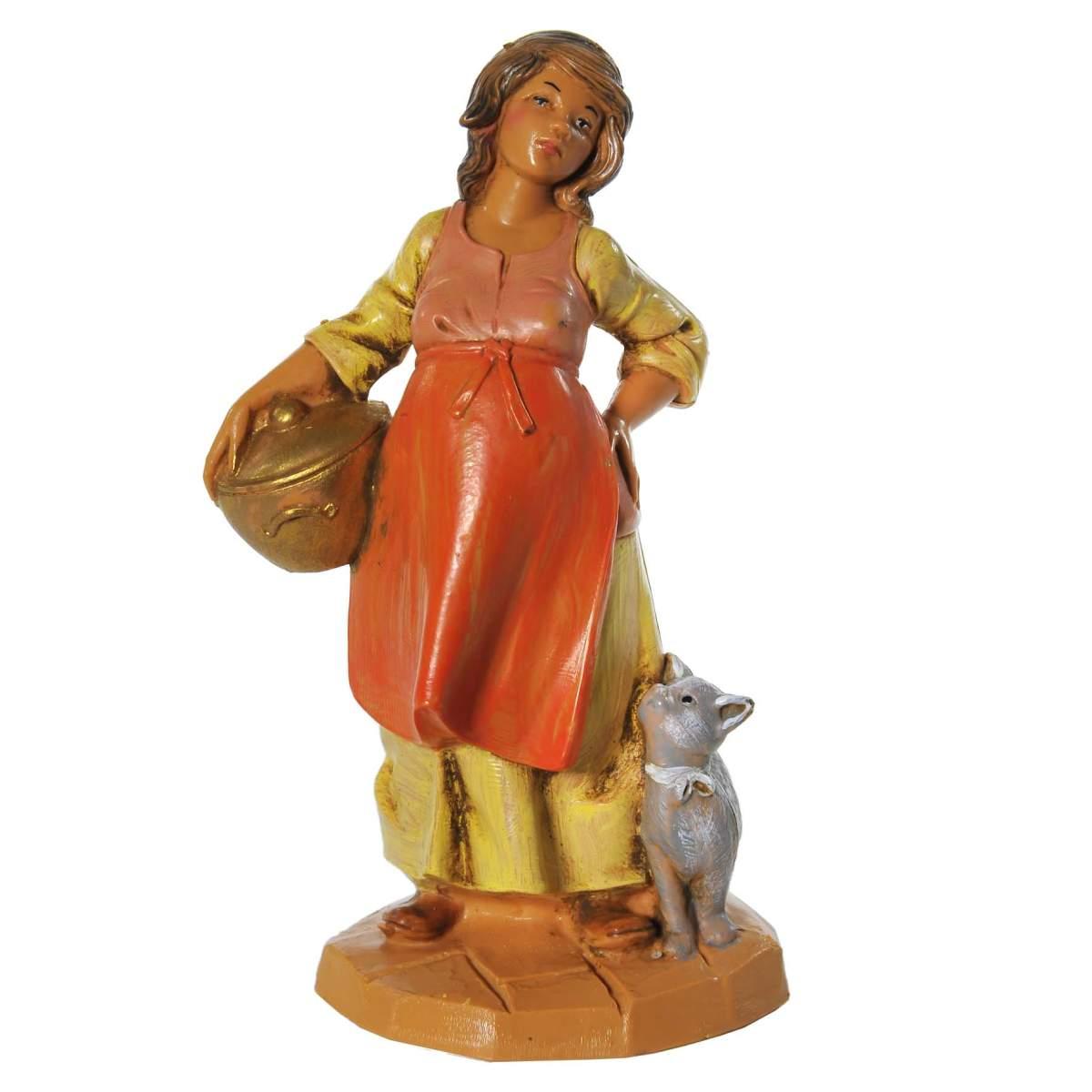 Statua presepe 12 cm pastorella incinta con il gatto