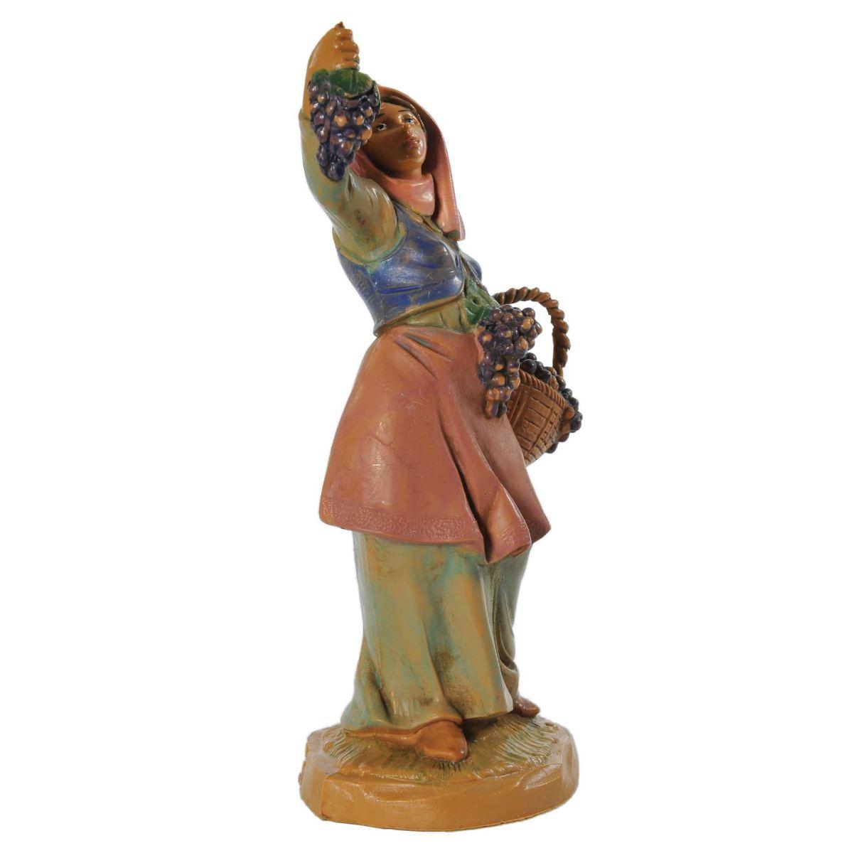 Statua presepe 12 cm pastorella con cesto di uva