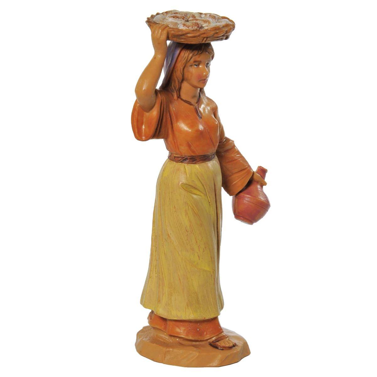 Statua presepe 12 cm pastorella vassoio in testa brocca