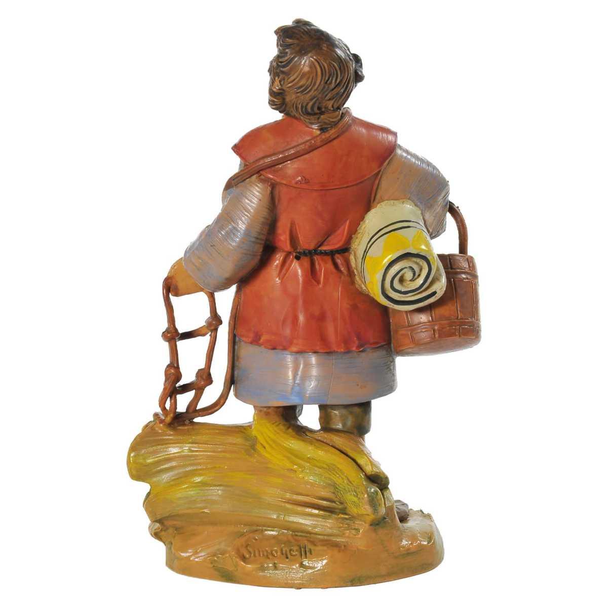 Statua presepe 12 cm pastore con briglie cesta e coperta
