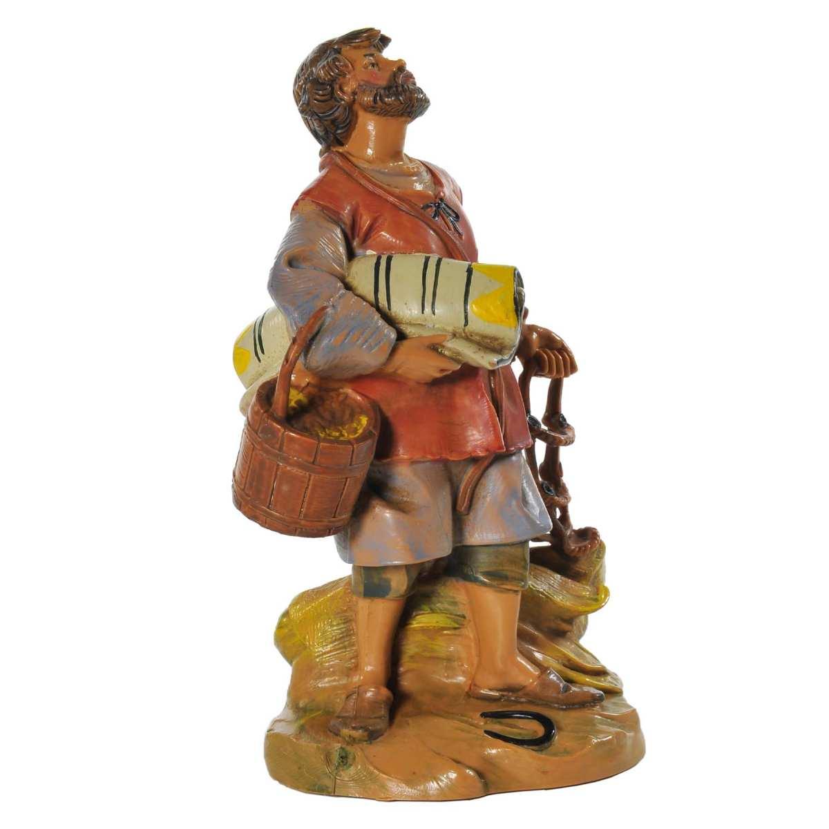 Statua presepe 12 cm pastore con briglie cesta e coperta