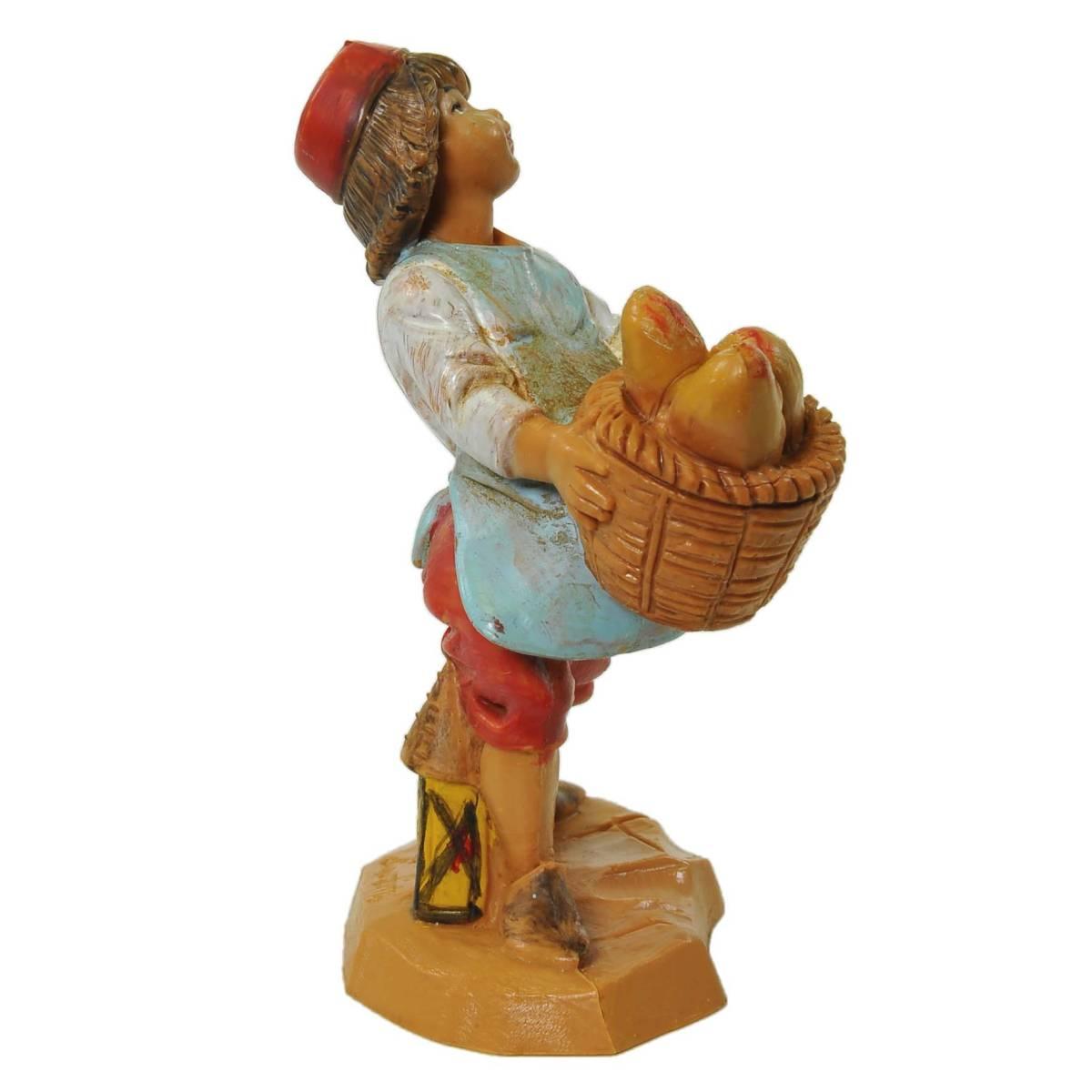 Statua presepe 12 cm pastorello con cesta di pane