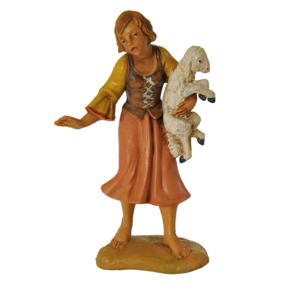 Statua presepe 10 cm pastorella con pecora