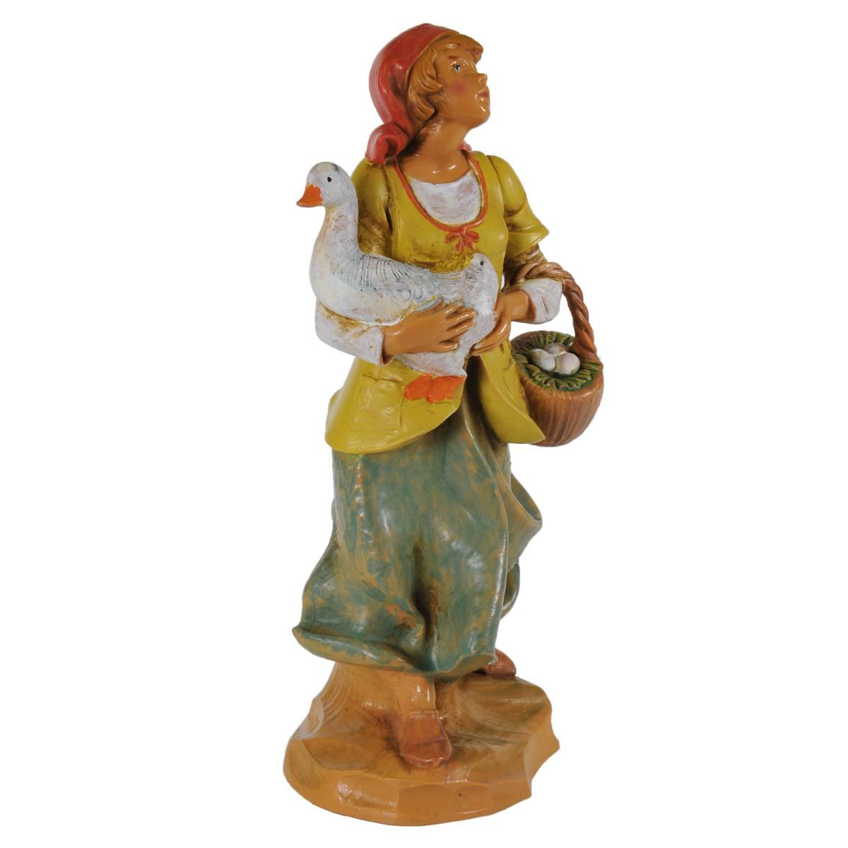 Statua presepe 19 cm pastorella con oca e cesta di uova