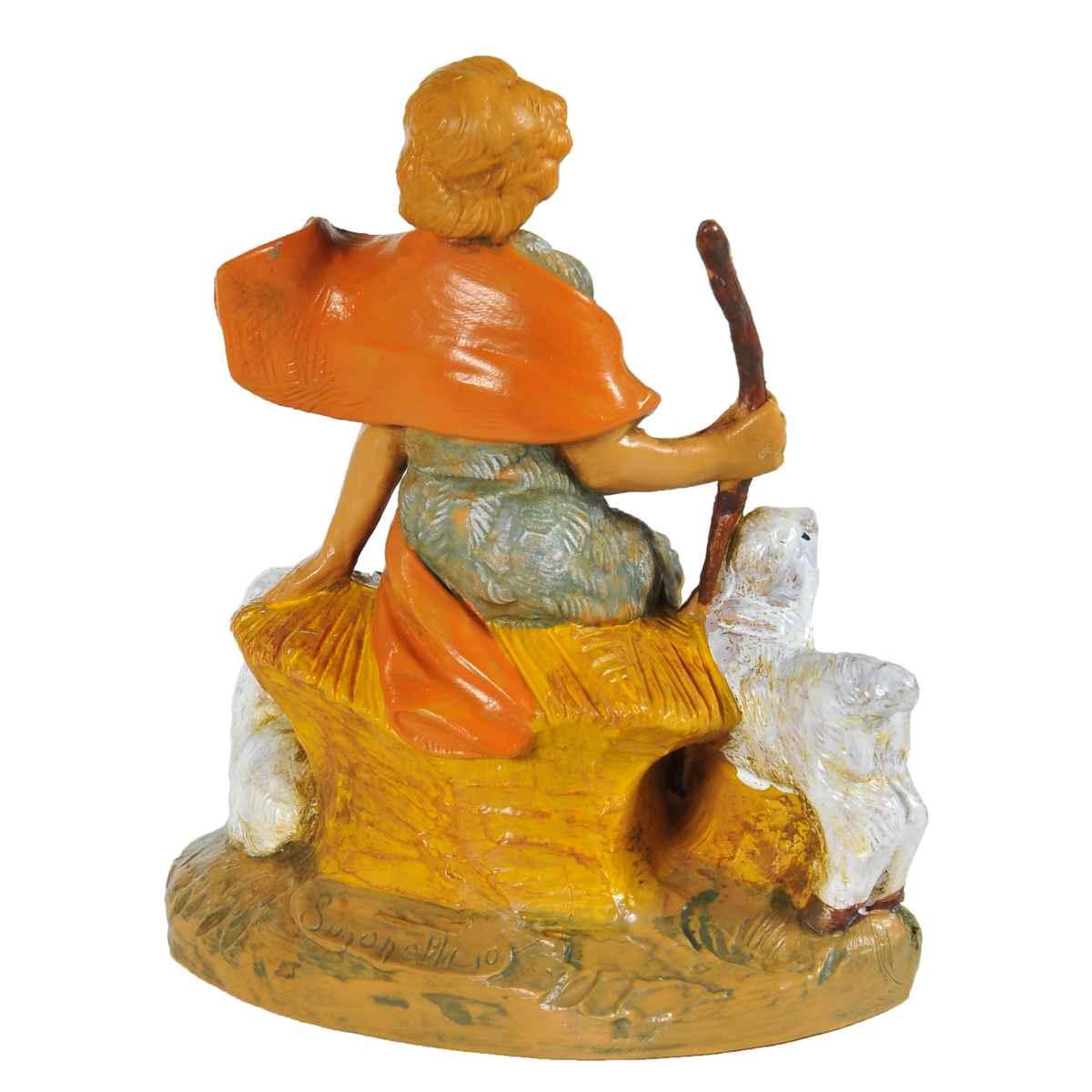 Statua presepe 12 cm pastore seduto con pecore e bastone