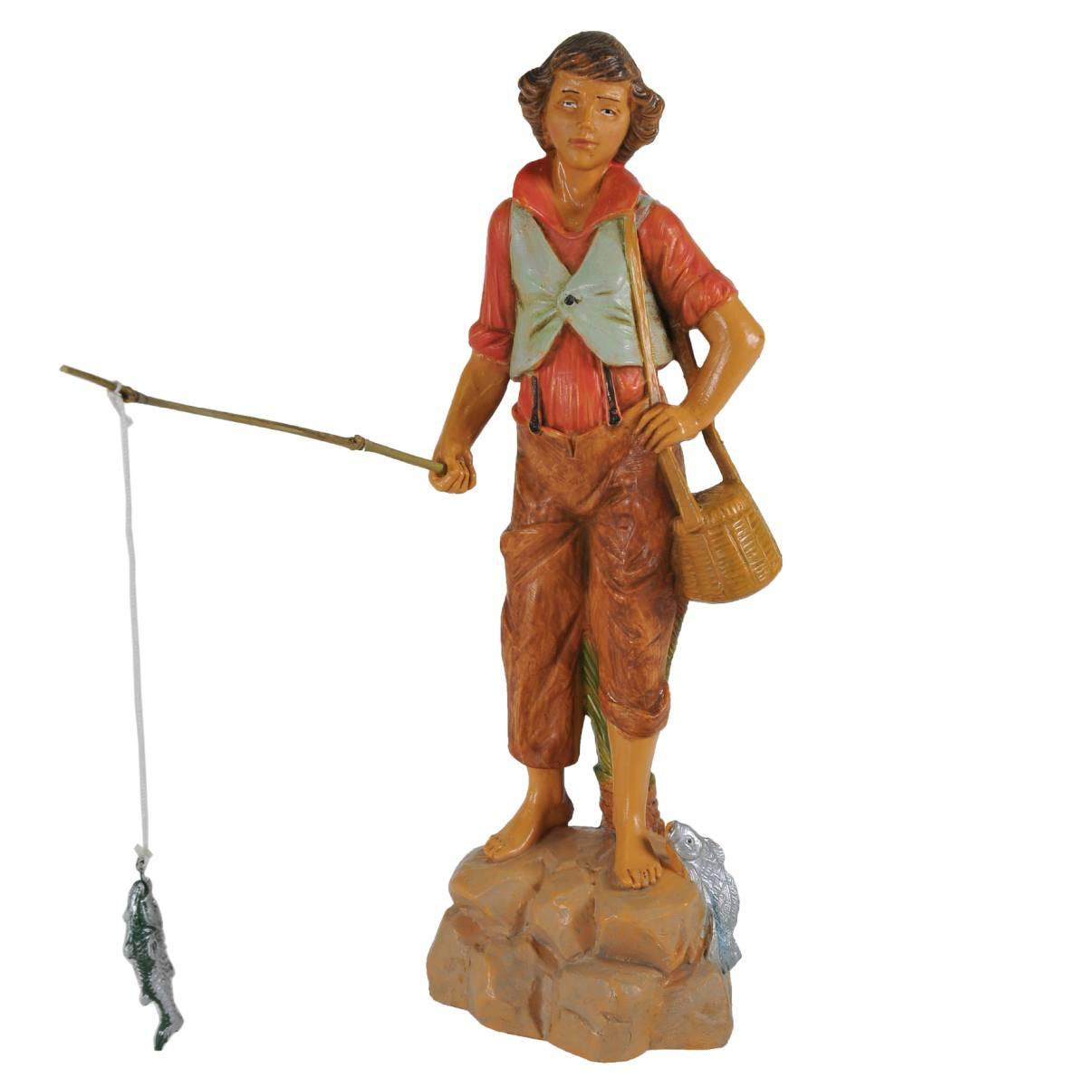 Statua cm.19 Pescatore con Canna e Cesta | Fontanini
