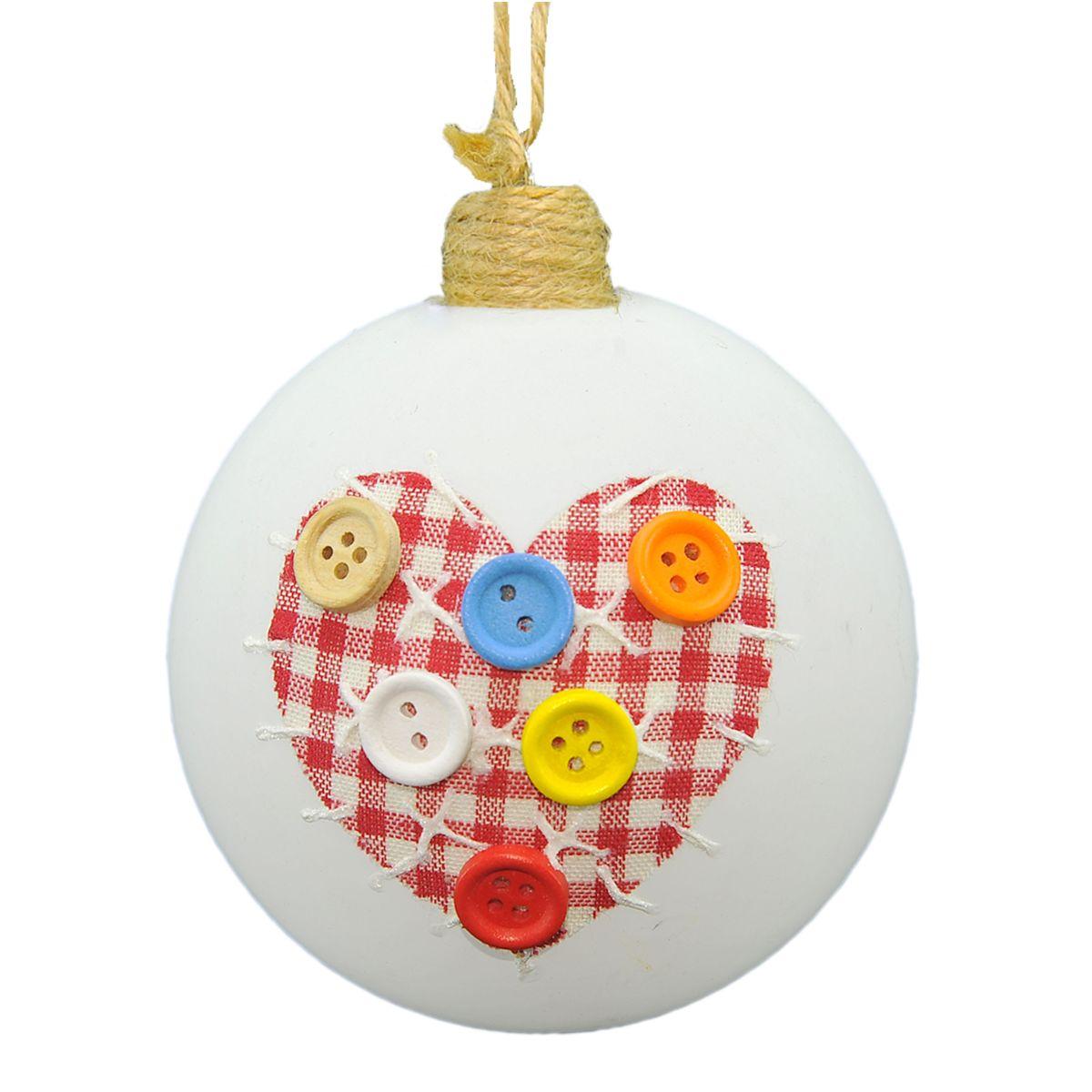 Pallina Natale Vetro cm.Ø8 Bianca Cuore e Bottoni Col |M2 Store