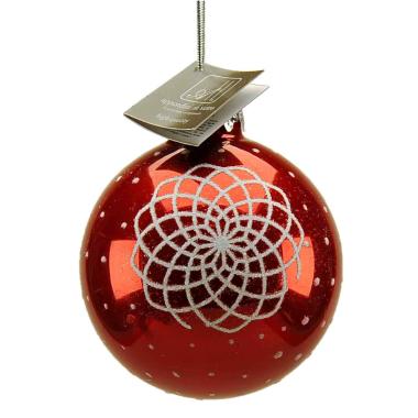 Pallina Natale Vetro cm.Ø8 Rossa Dec. Glitter Bianchi |M2 Store