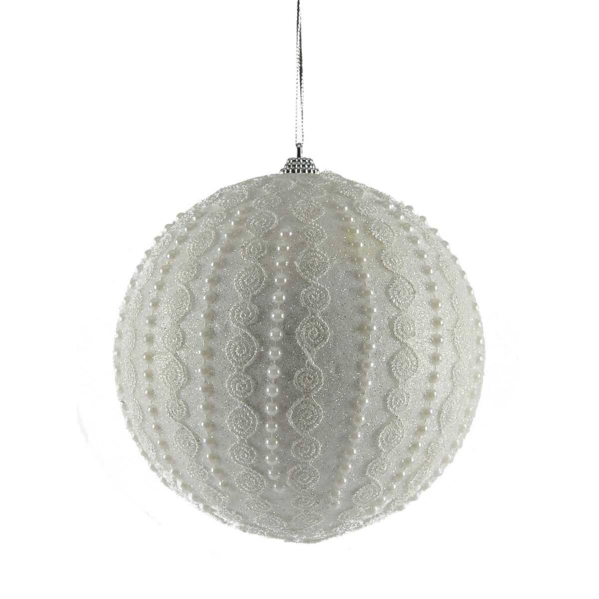 Pallina Natale cm.Ø15 Bianche con Perline e Ricami |Inge's Glass