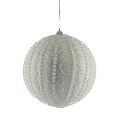 Pallina Natale cm.Ø15 Bianche con Perline e Ricami |Inge's Glass