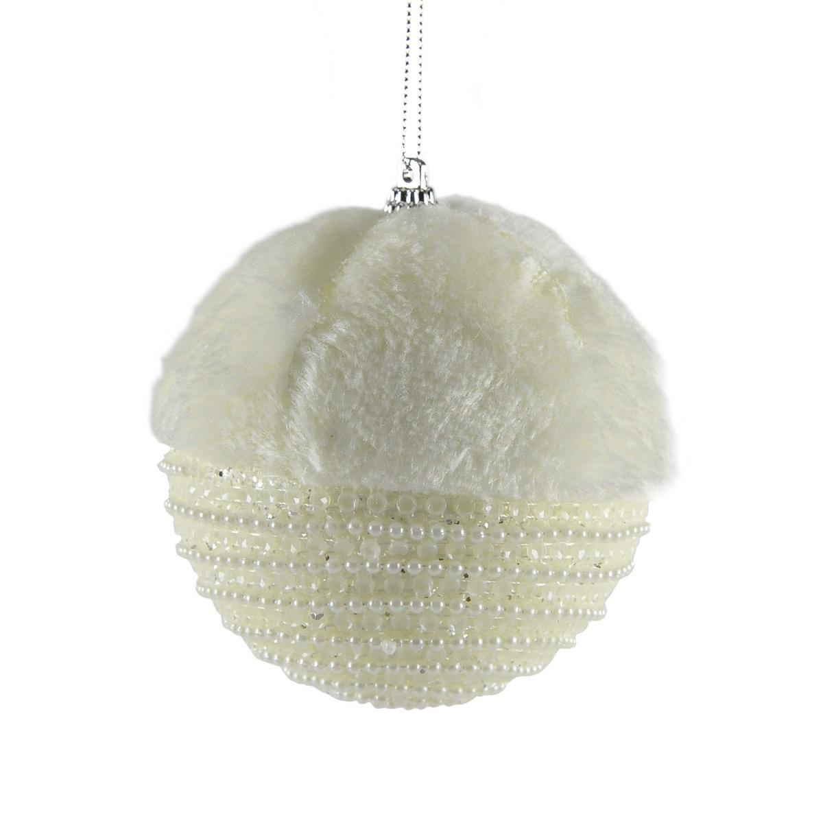 Pallina Natale cm.Ø10 Bianche con Pelliccia e Perline Set pz.4 |Inge's Glass