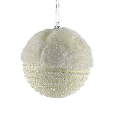Pallina Natale cm.Ø10 Bianche con Pelliccia e Perline Set pz.4 |Inge's Glass