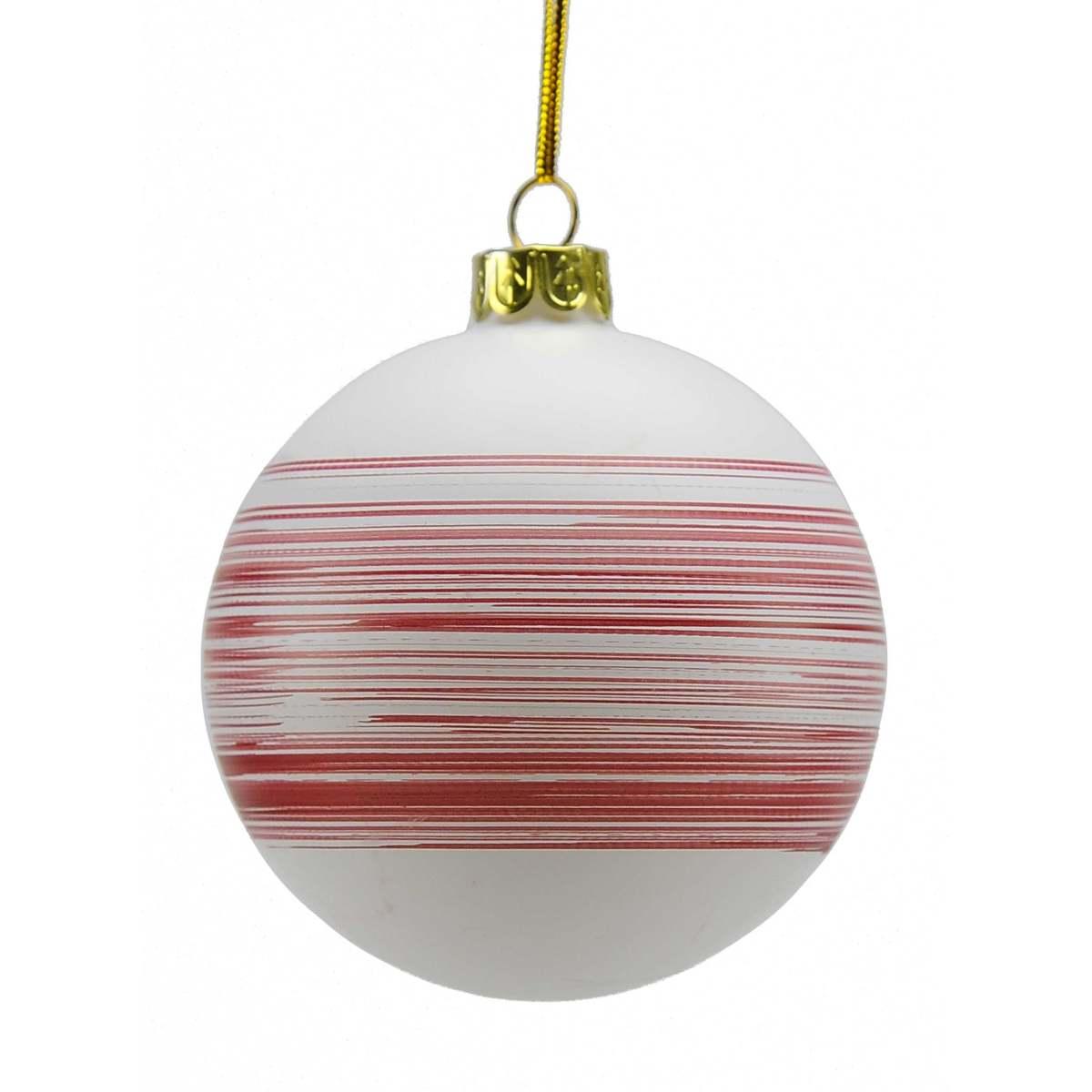 Pallina Natale Vetro cm.Ø8 Bianca con Righe Rosse |M2 Store