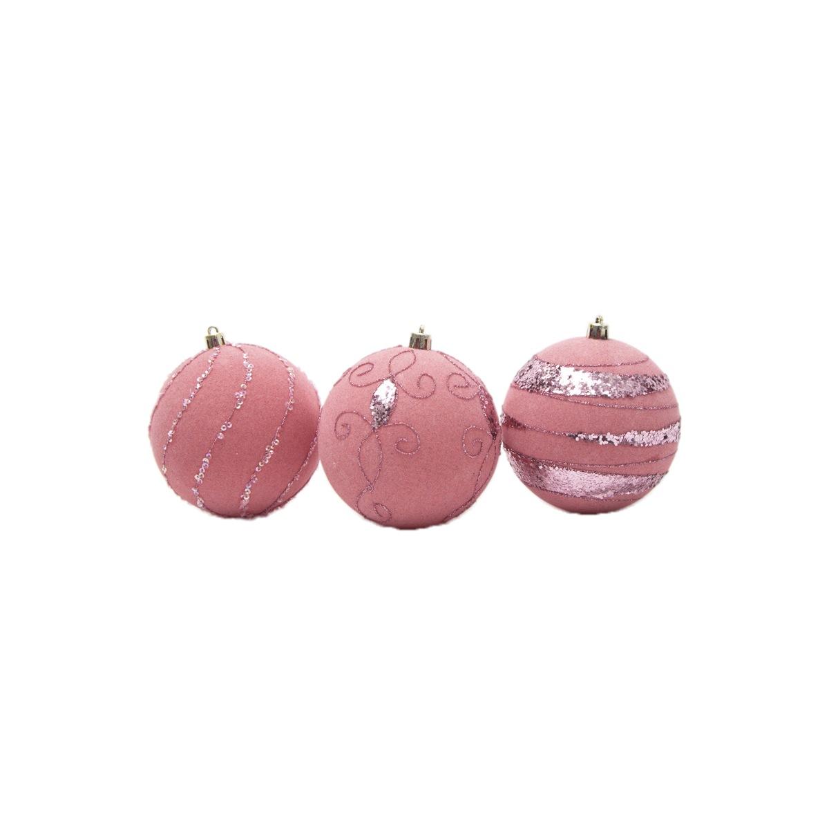 Pallina Natale cm.Ø8 Velluto Rosa Cipria con Paillettes Set pz.4 |Silani