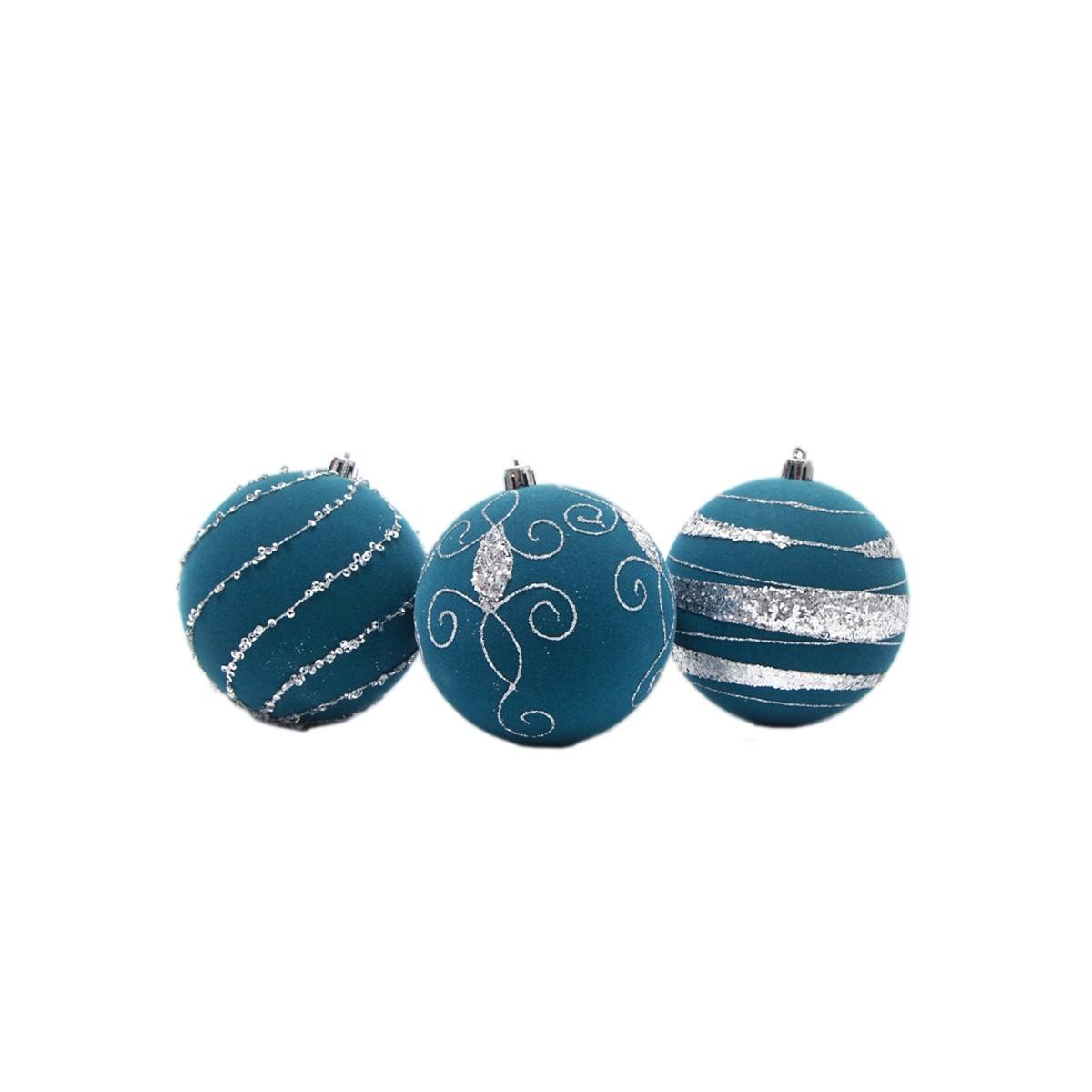 Pallina Natale cm.Ø8 Velluto Petrolio con Paillettes Set pz.4 |Silani