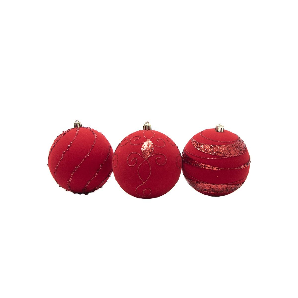 Pallina Natale cm.Ø10 Velluto Rosso con Paillettes Set pz.3 |Silani