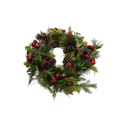 Ghirlanda cm.Ø53 Verde con Pigne e Bacche Rosse |Vacchetti