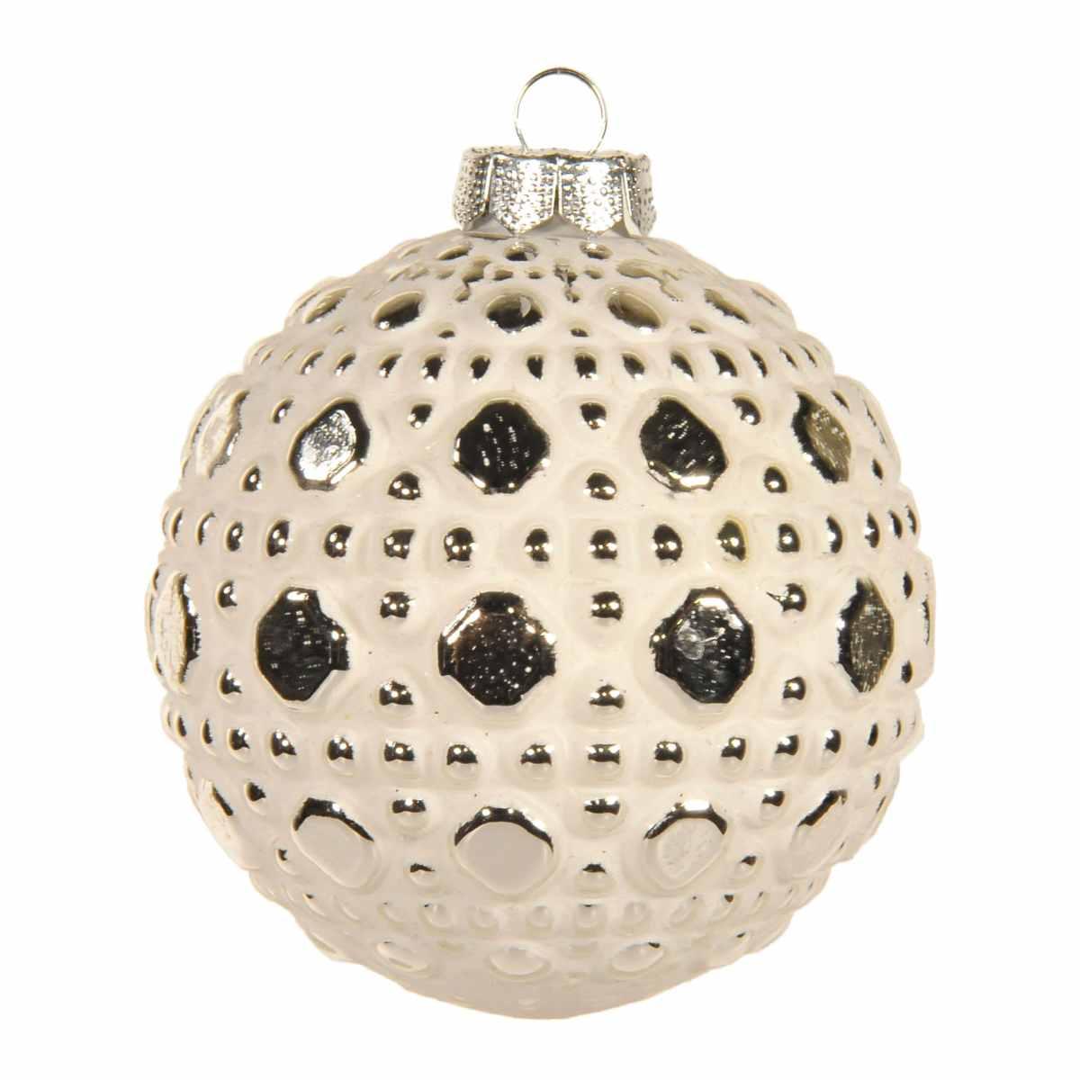Pallina Natale Vetro cm.Ø8 Bianca Opaca con Decori Argento |Inge's Glass