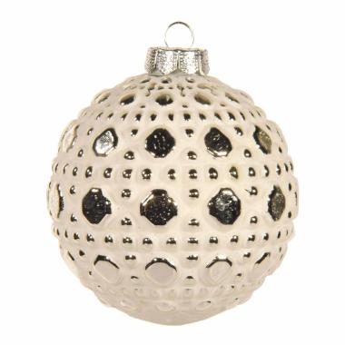 Pallina Natale Vetro cm.Ø8 Bianca Opaca con Decori Argento |Inge's Glass
