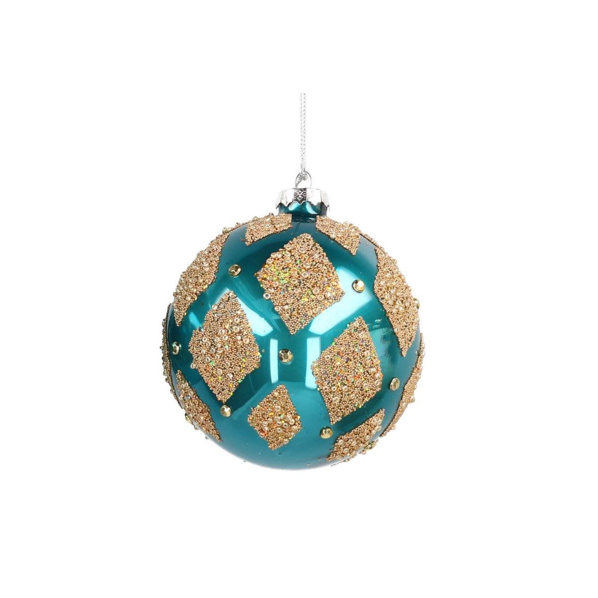 Pallina Natale Vetro cm.Ø8 Blu Ottanio con Rombi Oro |Vacchetti