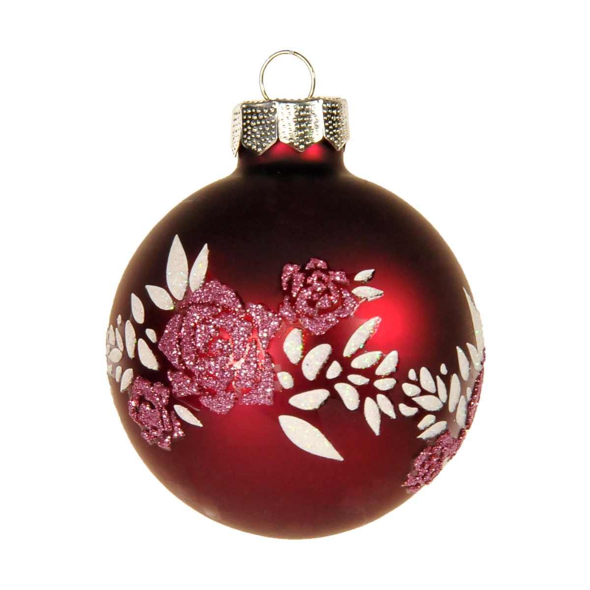 Pallina Natale Vetro cm.Ø6 Rosso Amaranto Opaco con Fiori |Inge's Glass