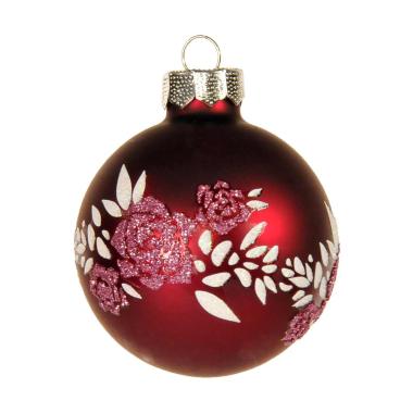 Pallina Natale Vetro cm.Ø6 Rosso Amaranto Opaco con Fiori |Inge's Glass