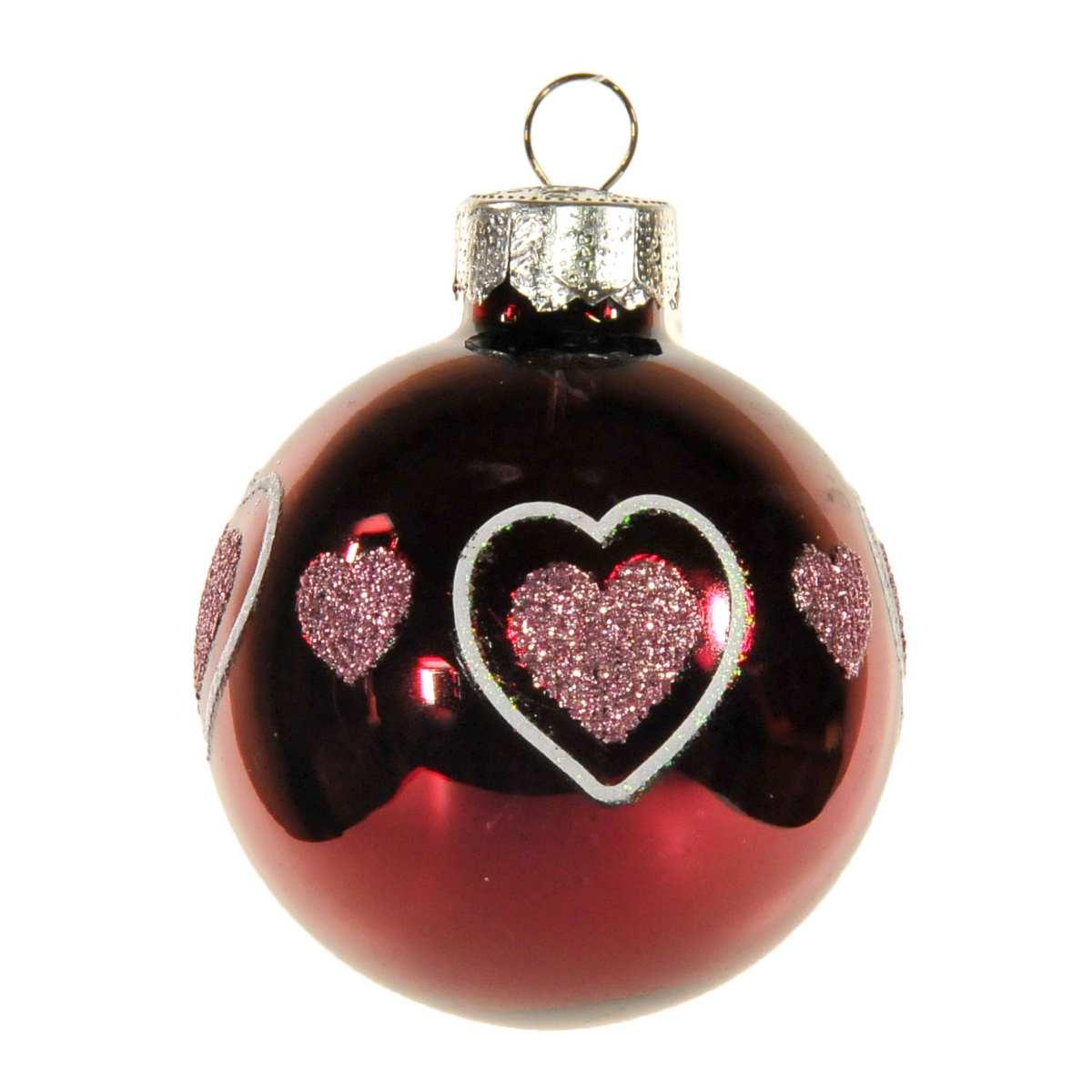 Pallina Natale Vetro cm.Ø6 Rosso Amaranto Lucido con Cuori |Inge's Glass