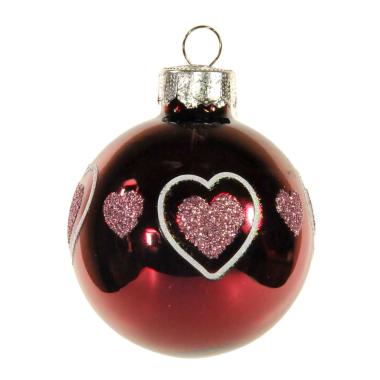 Pallina Natale Vetro cm.Ø6 Rosso Amaranto Lucido con Cuori |Inge's Glass