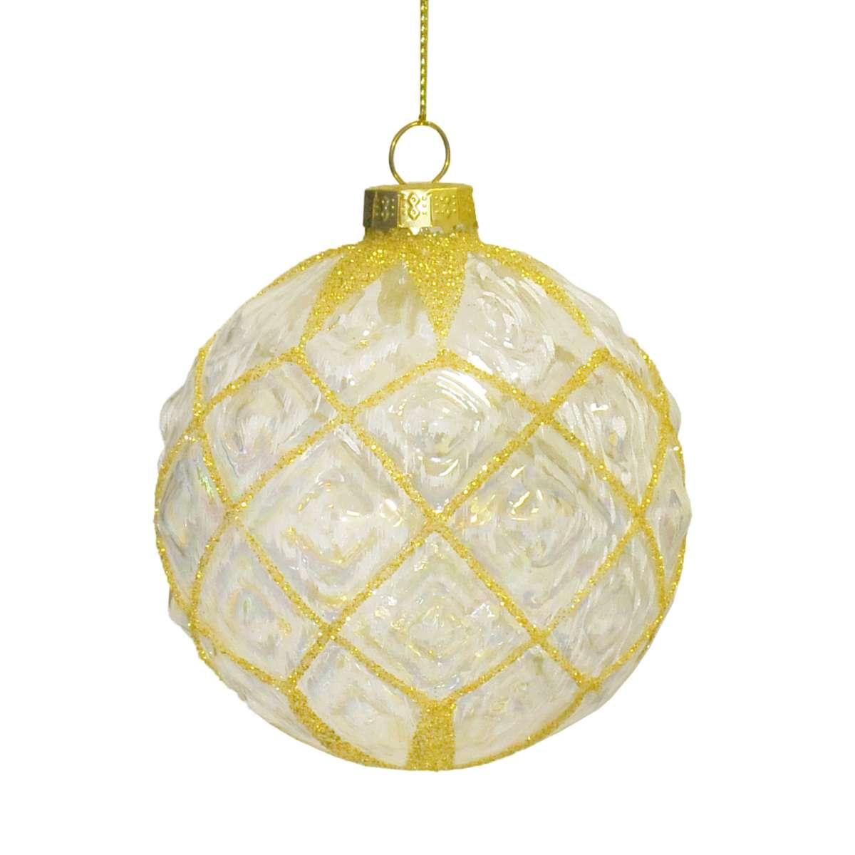 Pallina Natale Vetro cm.Ø8 Trasparente Rombi Glitter Oro |Vacchetti