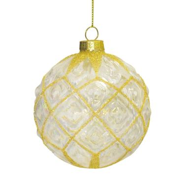 Pallina Natale Vetro cm.Ø8 Trasparente Rombi Glitter Oro |Vacchetti