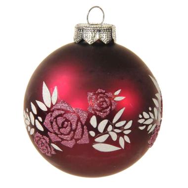 Pallina Natale Vetro cm.Ø8 Rosso Amaranto Opaco con Fiori |Inge's Glass